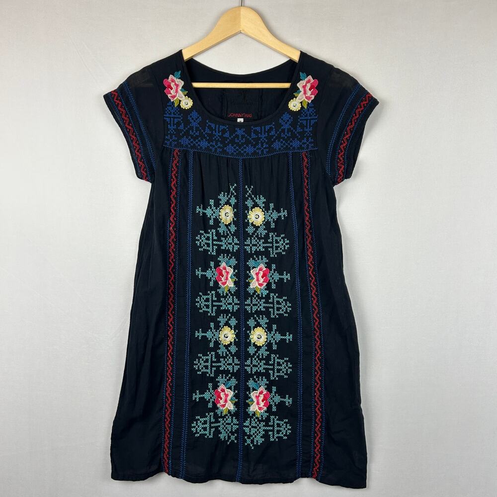 3J Workshop Johnny Was Blue Floral Embroidery Short Sleeve Dress Women's Size S